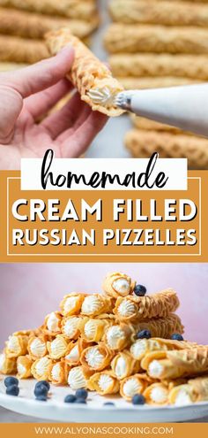 homemade cream filled russian pizzes on a white plate with the text overlay