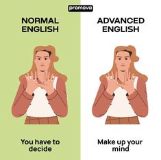 two posters showing how to say normal english and advanced english, with an image of a woman's hands in front of her chest