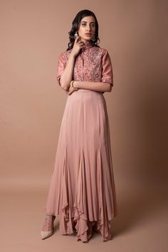 Pink maxi dress with pleated detailing and ruffle hem. Paired with floral embellished front-open jacket.
Component: 2
Pattern: Embellished
Type Of Work: Floral motifs
Neckline: Mandarin collar
Sleeve Type: Half sleeves
Fabric: Silk chanderi, Georgette
Color: Pink,Beige
Other Details: 
Pleated detailing
Embellished motifs
Ruffle hemline
Occasion: Destination Wedding - Aza Fashions Dress With Jacket, Open Jacket, Embellished Jacket, Pink Maxi, Jacket For Women, Pink Maxi Dress, Fabric Silk, Pink Beige, Floral Motifs