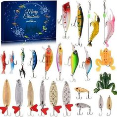 fishing lures and hooks are shown in front of a blue box with the words merry christmas written on it