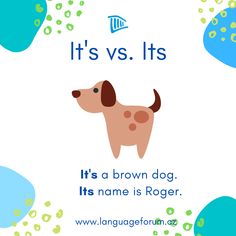 a brown dog is standing in front of blue and green bubbles with the words it's vs its