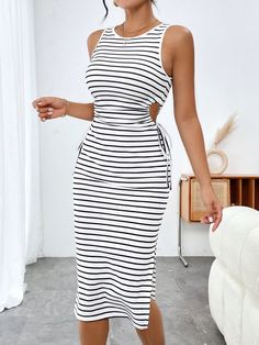 Black and White Casual Collar Sleeveless Fabric Striped Tank Embellished Medium Stretch  Women Clothing Striped Sleeveless Dress, Tank Top Dress, Blouse Diy, Women Midi, Fashion Blouse Design, Women Maxi, Striped Tank, Kids Beachwear, White Casual