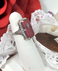 Vintage Ruby Ring With Filigree For Wedding, Vintage Silver Octagon Ring, Art Deco Silver Ring With Intaglio, Antique Diamond Intaglio Jewelry, Victorian Ruby Ring With Filigree For Wedding, Antique Engraved Diamond Ring Collectible, Antique Engraved Ruby Ring For Wedding, Silver Art Deco Intaglio Ring, Art Deco Octagon Rings With Rose Cut Diamonds