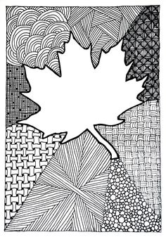 a black and white drawing of a maple leaf on woven fabric, with other patterns in the background