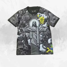 a t - shirt with an image of jesus on the front and back, all over it