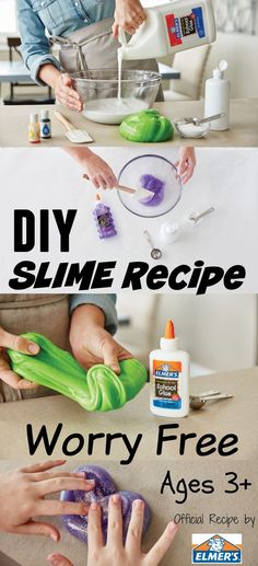 a woman is making slime with her hands and the words slime recipe on it