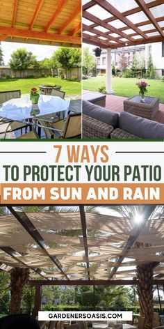 an outdoor covered patio with sun and rain in the background, text overlay reads 7 ways to protect your patio from sun and rain