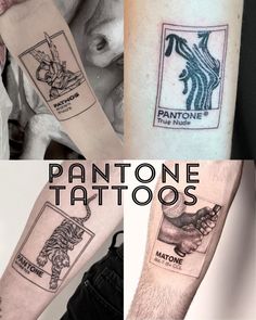 four different tattoos on the arms and arm