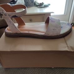 New Lucky Brand Sandals In Box. 9.5 M These Are A Cream With Lots Of Lilac Water Color Like Designs Casual Purple Sandals With Ankle Strap, Vacation Sandals With Cushioned Footbed In Purple, Lilac Water, Lucky Brand Sandals, Brand Sandals, Lucky Brand Shoes, Shoes Brand, Brand Shoes, Shoe Brands