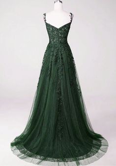 Chic Green Straps Tulle with Lace Party Dress, A-line Sweetheart Floor – BeautyDressy Lace Green Prom Dress, Dark Green Ball Dress, Slytherin Prom Dress, Dark Green Dress Formal, Dark Green Wedding Dress, Long Dark Green Dress, Fancy Green Dress, Prom Dresses Dark Green, Whimsical Prom Dress