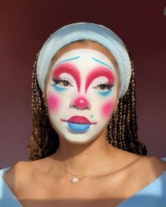 Full Face Colorful Makeup, Pink And Green Clown Makeup, Artistic Halloween Makeup, Pink And Blue Clown Makeup, Clown Heart Makeup, Clown Drag Makeup, Classic Clown Makeup, Blue Clown Makeup, Heart Clown Makeup