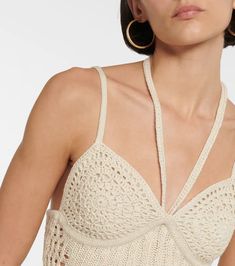 Jonathan Simkhai - Ralia cotton-blend crocheted crop top | Mytheresa Summer Crochet Top With Built-in Bra, Summer Beige Crochet Halter Neck Top, Beige Halter Neck Crochet Top For Summer, Cotton Halter Neck Crop Top With Built-in Bra, Seamless Crochet Top For Summer Vacation, Chic Seamless Halter Top For Vacation, Chic Crochet Halter Neck Top For Vacation, Seamless Cropped Crochet Top, Chic Crop Top With Crochet Trim For Beach