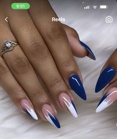 Royal Blue Sns Nails, Sky Blue Nail Art Designs, Navy Blue Nails Almond Shape, Royal Blue Nail Designs Ideas, Blue And Black Nails Designs, Blue Almond Nails Design, Fall Blue Nails, Azul Nails, Word Tattoo Ideas