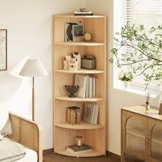 a corner book shelf in the corner of a living room