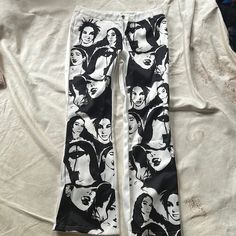 Shein Graphic Print Pants Black And White Pictures On Front Plain White On Back Size Medium Please Know Your Size On Shein Clothing Before Purchasing, Runs Small High Waist Printed White Pants, High Waist White Printed Pants, White Printed Wide Leg Pants, White Wide Leg Bottoms With Graphic Print, White Wide Leg Pants With Graphic Print, White Stretch Printed Pants, Printed White Pants, Fitted White Graphic Print Pants, White Fitted Printed Pants