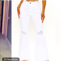 Size 15, All White Nwt White Stretch Flare Jeans, Chic White Stretch Flare Jeans, Trendy White Ripped Jeans, Trendy White Stretch Flare Jeans, Trendy White Fitted Flare Jeans, Trendy Fitted White Flare Jeans, Trendy Ripped Flare Bottoms, White Distressed Fitted Jeans, White Stretch High Waist Flare Jeans