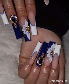 Nail Inspo Coffin 3d Flower, Navy Blue Nails With 3d Flowers, Navy Rhinestone Nails, Dark Blue Nails For Graduation, Dark Royal Blue Nails Acrylic, Navy Blue Masquerade Quince, Acrylic Dark Blue Nails, Navy Quince Nails, Quinceanera Nails Navy Blue