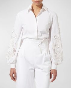 Carolina Herrera Embroidered Puff-Sleeve Button-Front Blouse | Neiman Marcus Ladies Shirt Design Unique, Anglaise Top, Embroidery Anglaise, Lace Embellishments, White Lace Shirt, Puff Sleeve Blouse, White Embroidery, Lace Shirt, Sewing Basics