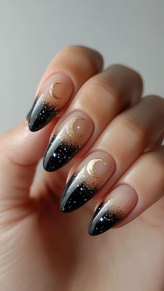 23 Neutral Halloween Nail Ideas for a Stylish Yet Subtle Look | Lookosm Halloween Chic Nails, Crescent Moon Nail Design, Nail Designs Celestial, Black And Gold Halloween Nails, Solar Eclipse Nail Art, Halloween Nails Moon, Gold Bridesmaid Nails, Black Nails With Moon, Nail Designs Moon