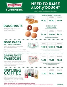 the flyer for krispy kreme's donuts and coffee is shown