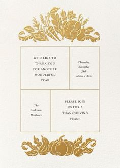 a white and gold thanksgiving party card with an ornate frame on the front, featuring pumpkins and acorns