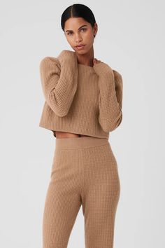 Cashmere Plush Waffle Cropped Long Sleeve - Toasted Almond | Alo Yoga Cropped Long Sleeve Top, Cropped Long Sleeve, Waffle Knit Top, Marathons, Matching Pants, Back Women, Yoga Tops, Alo Yoga, Bra Women