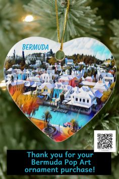 a heart shaped ornament hanging on a christmas tree with the words, thank you for your bernunda po art ornament purchase