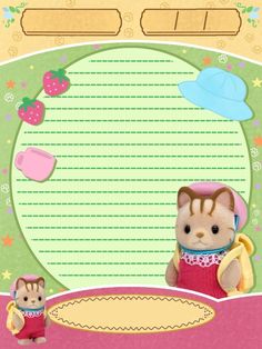 a card with a teddy bear holding a banana next to a mouse and strawberry on it