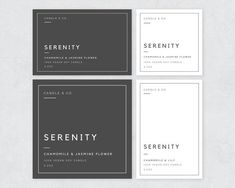 four business cards with the word serenity printed on them, all in black and white