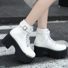 Fabric Material: Pu LeatherColor: Black. WhitePlatform: 6cm/2.36"Heel Height: 8.5cm/3.35" Casual Platform Boots With Metal Feet, White Punk Platform Boots, Synthetic Platform Boots With Round Toe For Concert, Synthetic Round Toe Platform Boots For Concert, Edgy White Platform Boots, White Lace-up Platform Boots With Chunky Platform, Spring Concert Heels With Round Toe, Spring Concert Round Toe Heels, Spring Concert Platform Boots With Round Toe