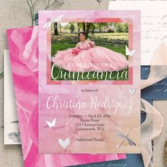 an image of a woman in a pink dress on her wedding day with the words, please join us for a quinceauenana