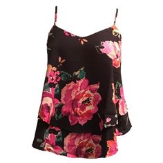 Women's Spaghetti Strap Layered Cami Top Is Elegant With It's Black And Pink Red Floral All Over Pattern. The Cami Top Is Made Of A Light And Soft Material That Drapes The Form So Beautifully. Featuring A Pull On Scoop Neck Design. Perfect For Workplace Fashion Or A Nice Dinner. Measurements: Bust: 32 Inches Waist: 25 Inches Hips: 33 Inches Fabric: 100% Polyester Tags: Floral Flowers Cute Work Business Casual Blouse Layered Chiffon Mesh Tank Cami Summer Short Sleeve Summer Spring Interview Lunch Floral Print Summer Tops For Night Out, Chic Summer Tops With Rose Print, Chic Rose Print Tops For Summer, Black Feminine Sleeveless Camisole, Pink Floral Print Spaghetti Strap Top, Trendy Black Top With Rose Print, Chic Black Floral Print Tank Top, Black Cami Top For Spring, Summer Rose Print Top For Day Out