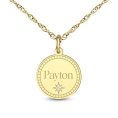 This personalized diamond accent disc pendant is a unique look you’ll turn to often. Select your choice of metal The 12.0mm round disc features a name or phrase of your choosing, 8 characters max, inscribed in a classic font along the center A diamond-accented star shimmers below Beaded border adds texture and detail to the design 16.0 to 18.0-inch adjustable rope chain with spring-ring clasp Personalized Yellow Gold Medallion Necklace, White Gold Round Birthstone Necklace, Silver Diamond Round Name Necklace, Yellow Gold Disc Jewelry With Engraving Option, Engraved Yellow Gold Medallion Necklace In Round Disc Shape, Engraved Yellow Gold Round Disc Medallion Necklace, Engraved Yellow Gold Medallion Necklace, Personalized Gold Medallion Necklace, Personalized Diamond Necklace With Round Pendant