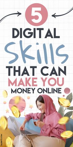 a woman sitting on top of a couch with money flying around her and the words 5 digital skills that can make you money online