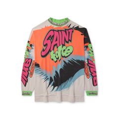 SAINT Mxxxxxx's T-shirt is modelled after vibrant motorsport race kit. Printed with '90s-inspired graphics and logos, it's made from breathable cotton-jersey and cut with a raw-edged, extended back hem. Multicolor Letter Print Tops For Streetwear, Sporty T-shirt With All Over Print For Streetwear, Multicolor Logo Print T-shirt For Streetwear, Sporty Multicolor Graphic Print T-shirt, Multicolor Graphic Print Sporty T-shirt, Sports Tops With Graffiti Print And Crew Neck, Multicolor Logo Print Top For Streetwear, Retro Multicolor Sports Tops, Multicolor Retro Sports Tops