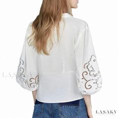 Lasaky - Exquisite Embroidered Waist-Tie Shirt with a Stylish Design Aesthetic Elegant Cotton Top With Floral Embroidery, Elegant Cotton Tops With Floral Embroidery, Elegant Crew Neck Top With Floral Embroidery, Elegant Floral Embroidered Crew Neck Top, Trendy Cotton Blouse With Floral Embroidery, Elegant Cotton Embroidered Top For Summer, Elegant Embroidered Cotton Top For Summer, Chic Embroidered Cotton Tops, Elegant Embroidered Summer Shirt