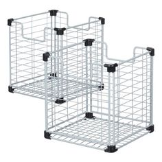 two white wire baskets with black handles on each side and one has wheels for storage