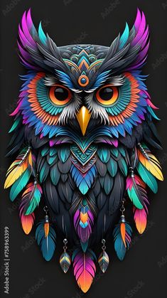 an owl with colorful feathers on it's head and eyes, painted in bright colors