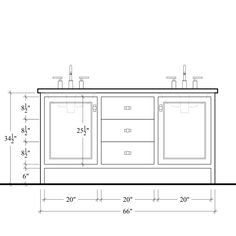 a drawing of a bathroom vanity with two sinks and three faucets on the side