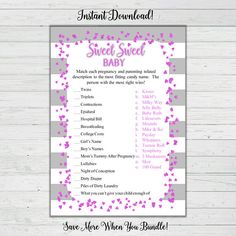 a pink and gray striped baby shower game with confetti sprinkles