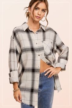 Raw edge button down plaid shirt. Finish your cozy yet polished look with this super cool checkered plaid flannel shirt. This essential top is featured in an oversized silhouette with super subtle distressing at sleeves and hemlines with a full button-front closure. Layer up with your favorite top for a cozy look on a chilly weather. It'll be your all-time favorite plaid shirts. Material Contents: 70% Polyester, 30% Cotton. Made in: Imported Baseball Hat Hairstyles, Short Jean Skirt, Plaid Flannel Shirt, Oversized Silhouette, New Arrival Dress, Plaid Flannel, Polished Look, Raw Edge, Hat Hairstyles