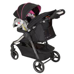 a baby stroller that is black and pink