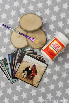 the table is covered with pictures and other things to make it look like they have been made out of wood