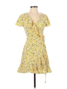 Shein Casual Dress Size: X-Small Yellow Dresses - used. 5% ELASTANE, 95% POLYESTER, Wrap, Plunge, Short, Short Sleeve | Shein Casual Dress - Wrap: Yellow Dresses - Used - Size X-Small Fitted V-neck Maxi Dress For Daytime, Beach Floral Print Fitted Wrap Dress, Spring Beach Fitted Wrap Dress, Spring Mini Wrap Dress With Ruffles, Fitted Spring Beach Wrap Dress, Fitted Beach Wrap Dress For Spring, Fitted Wrap Dress For Beach In Spring, Spring Sleeveless Fitted Wrap Dress, Spring Fitted Wrap Dress With Short Sleeves