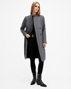 Keep it classic in the Sidney Coat. Made from a luxurious Italian cashmere wool-blend fabric and fitted to a timeless single-breasted silhouette. The stand collar defines the iconic, sophisticated shape – it's the perfect addition to your cold-weather wardrobe.  This coat is designed to a regular fit that is true to size Button closure Long sleeves Stand collar Knee length Single breasted Italian wool Two pockets One interior pocket Recycled fabrics Italian cloth – woven in Prato, Italy. Timeless Formal Wool Coat For Fall, Timeless Wool Coat With Concealed Placket, Elegant Fall Business Outerwear, Elegant Business Wool Coat With Double-breasted Buttons, Timeless Long Wool Coat For Work, Elegant Double-breasted Wool Coat For Business, Elegant Fitted Single Breasted Wool Coat, Fitted Wool Coat With Double-breasted Button For Work, Elegant Wool Coat With Double Button Closure For Office