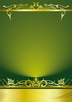 a gold and green background with an ornate border on the bottom corner, in front of a