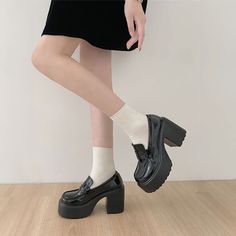 Elevate your style with our Black Chunky Platform High Heel Loafers. Featuring block heels and a chunky platform for enhanced stability and comfort, these loafers are crafted from sleek black patent leather, exuding a gothic, lolita, and alternative vibe. Designed for the sophisticated and tasteful woman, these exclusive loafers will complete any bold and stylish look. Block heels for stability and comfort Chunky platform for added height and edge Black patent leather for a sleek, glossy finish High Heel Loafers, Kawaii Socks, Heel Loafers, Sophisticated Fashion, Kawaii Jewelry, Platform High Heels, Chunky Platform, Short Socks, Heeled Loafers