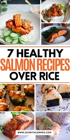 healthy salmon recipes over rice on a white plate