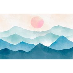 a painting of mountains with the sun in the background