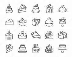 different types of cakes and pies are shown in this image, including cake slices